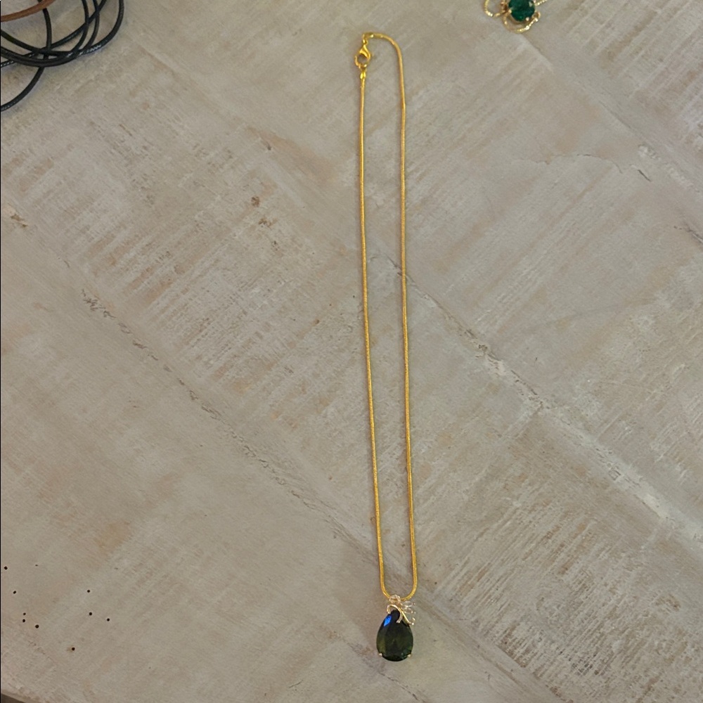 Hand Crafted Gold Necklace with Dark Green Pendant
